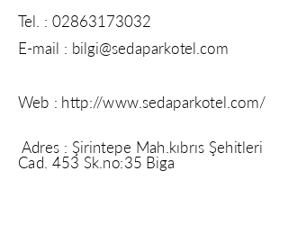 Sedapark Hotel Biga iletiim bilgileri